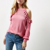 River Island Pink cold shoulder frill knit jumper ~ knitwear ~ frilly jumpers ~ frilled sweaters
