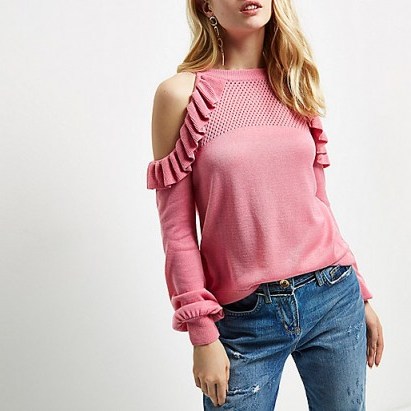River Island Pink cold shoulder frill knit jumper ~ knitwear ~ frilly jumpers ~ frilled sweaters - flipped