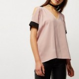 River Island pink contrast cold shoulder top ~ V-neck short sleeve tops ~ spring fashion
