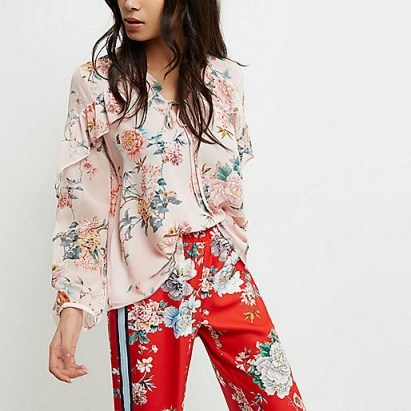 River Island Pink floral print frill sleeve blouse ~ frilled blouses ~ frilly tops ~ feminine fashion - flipped