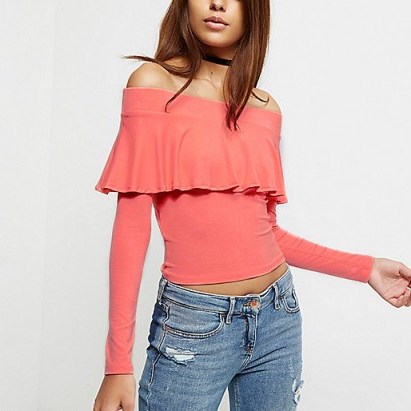 River Island pink frill long sleeve bardot crop top ~ frills ~ ruffled ~ off the shoulder tops ~ cropped fashion - flipped