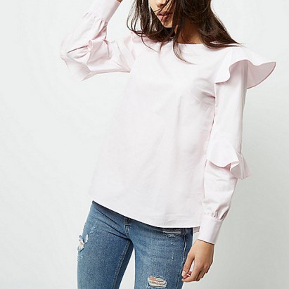 River Island pink frill sleeve loose shirt ~ long sleeved ruffle shirts ~ frilly tops ~ ruffled fashion