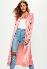 missguided pink satin gathered waist biker detail duster jacket – long slinky jackets – lightweight spring coats