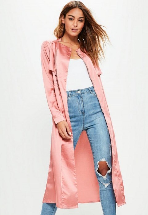 missguided pink satin gathered waist biker detail duster jacket – long slinky jackets – lightweight spring coats - flipped