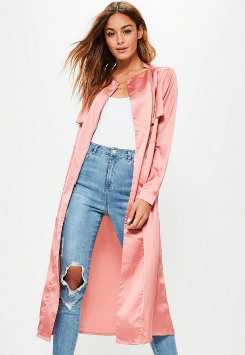 missguided pink satin gathered waist biker detail duster jacket – long slinky jackets – lightweight spring coats