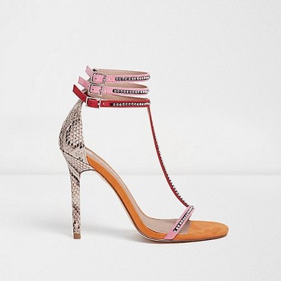river island Pink T-bar snake embossed stiletto sandals ~ high heeled shoes – ankle strap t-bars – strappy – party shoes – going out heels - flipped