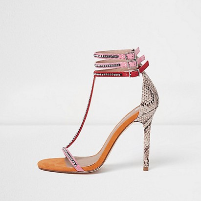 river island Pink T-bar snake embossed stiletto sandals ~ high heeled shoes – ankle strap t-bars – strappy – party shoes – going out heels