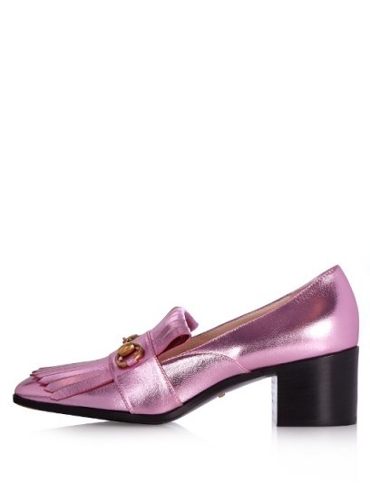 GUCCI Polly pink fringed leather loafers ~ luxe block heel shoes ~ designer footwear ~ chunky heels ~ metallic accessories ~ metallics - flipped