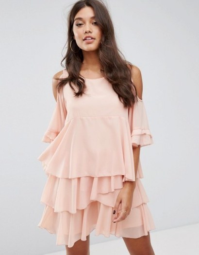 PrettyLittleThing Cold Shoulder Ruffle Tiered Dress ~ blush-pink party dresses ~ ruffled - flipped