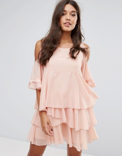 PrettyLittleThing Cold Shoulder Ruffle Tiered Dress ~ blush-pink party dresses ~ ruffled