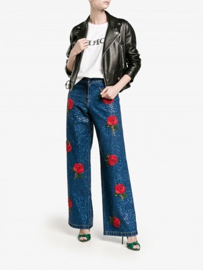 Ashish Rose Embroidered Blue Sequin Jeans ~ sequined designer denim ~ wide leg - flipped