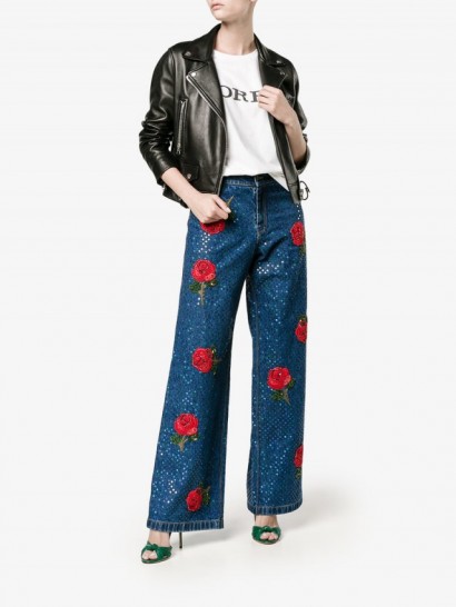 Ashish Rose Embroidered Blue Sequin Jeans ~ sequined designer denim ~ wide leg