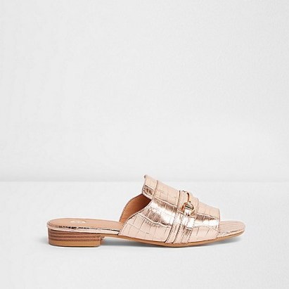 RIVER ISLAND Rose gold metallic snaffle backless loafers – luxe style sandals – open back flat shoes – croc embossed faux leather – spring flats – animal print - flipped