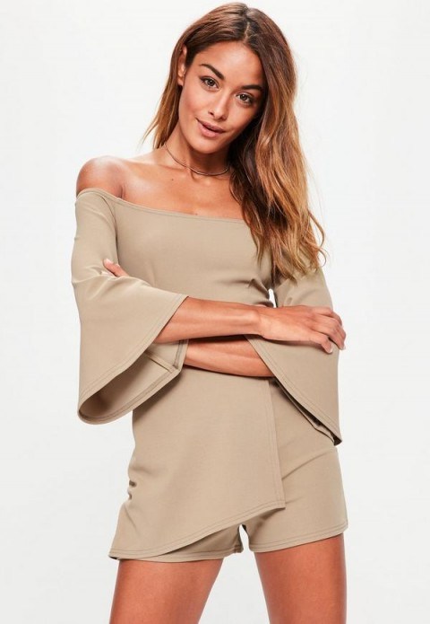missguided tan flared sleeve wrap bardot playsuit ~ off the shoulder playsuits ~ fashion & style - flipped