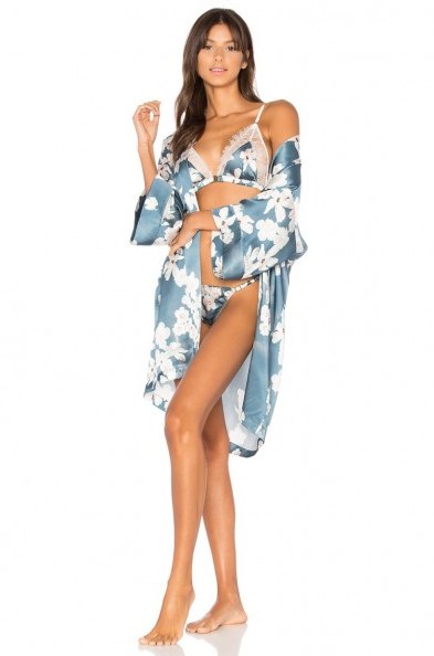 VIOLET & WREN KIMONO in HIBISCUS ~ blue and white floral lingerie kimonos ~ loungewear ~ belted wraps ~ luxe robes - flipped
