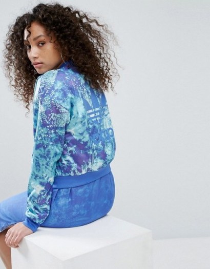 adidas Originals Ocean Printed Bomber Jacket. Casual blue printed sports jackets | sportswear | baseball style outerwear - flipped