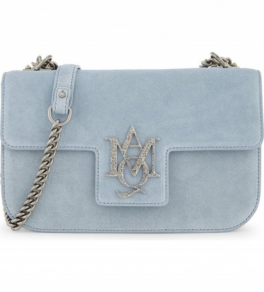 ALEXANDER MCQUEEN Insignia Artic-blue suede cross-body bag – chain strap crossbody – luxury flap bags – designer handbags - flipped