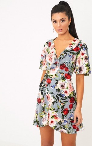 PrettyLittle Thing AMMIE GREY FLORAL WRAP DRESS ~ short sleeve summer dresses - flipped