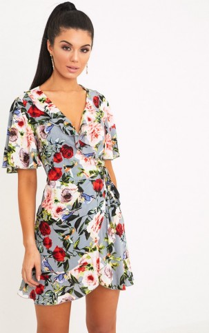 PrettyLittle Thing AMMIE GREY FLORAL WRAP DRESS ~ short sleeve summer dresses