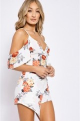 In The Style ANIKKA CREAM FLORAL WRAP FRONT PLAYSUIT ~ strappy summer playsuits ~ cold shoulder ~ asymmetric hem fashion