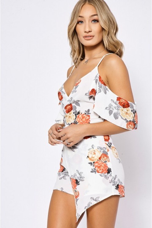 In The Style ANIKKA CREAM FLORAL WRAP FRONT PLAYSUIT ~ strappy summer playsuits ~ cold shoulder ~ asymmetric hem fashion - flipped