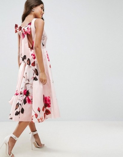 ASOS Bow Back Midi Prom Dress in Floral Print ~ summer statement dresses ~ sleeveless fit and flare ~ flower printed occasion fashion - flipped