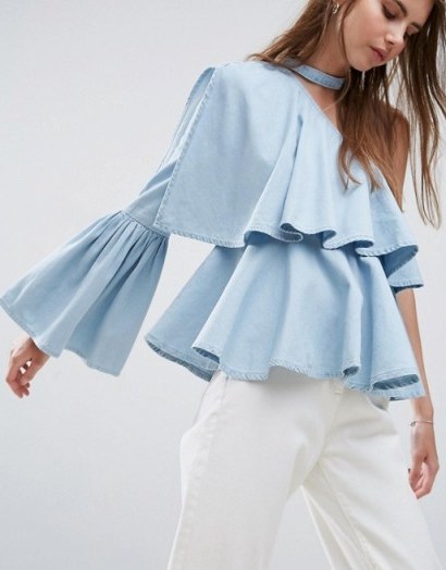 ASOS Denim One Shoulder Ruffle Top With Choker Detail. Light blue ruffled tops | fluted sleeve - flipped
