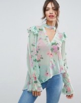 ASOS Floaty Blouse in Mint Floral with Neck Band ~ pale green flower print blouses ~ asymmetric hem ~ choker neck ruffle tops
