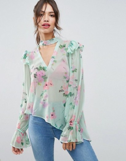ASOS Floaty Blouse in Mint Floral with Neck Band ~ pale green flower print blouses ~ asymmetric hem ~ choker neck ruffle tops - flipped
