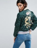 ASOS Premium Quilted Bomber Jacket With Dragon Embroidery. On-trend jackets | casual luxe | dark green