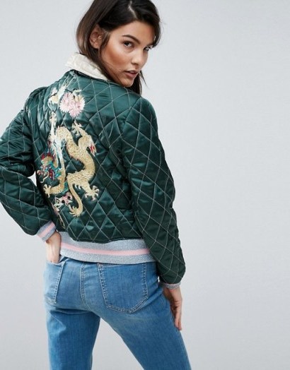 ASOS Premium Quilted Bomber Jacket With Dragon Embroidery. On-trend jackets | casual luxe | dark green - flipped
