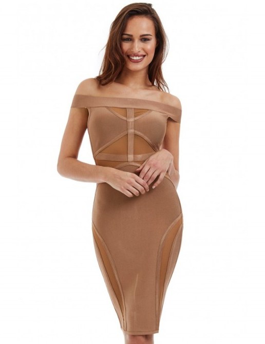 GODDIVA Bardot Cut Out Bodycon Dress in Tan ~ off the shoulder party dresses ~ fitted evening fashion ~ going out - flipped