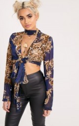 BECKETTE BLUE BAROQUE PRINT PLUNGE TIE FRONT CHOKER BLOUSE ~ sheer blouses ~ crop tops ~ cropped fashion