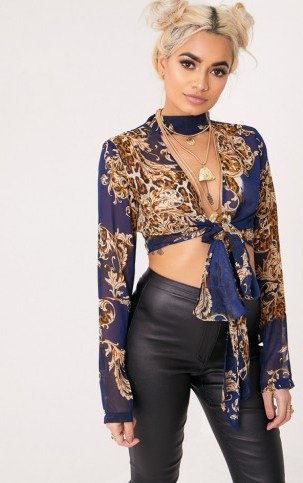BECKETTE BLUE BAROQUE PRINT PLUNGE TIE FRONT CHOKER BLOUSE ~ sheer blouses ~ crop tops ~ cropped fashion - flipped