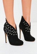 Missguided black faux suede studded wing back ankle boots – high heels – embellished high heel booties