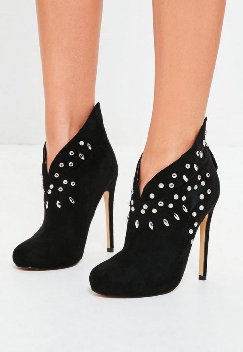 Missguided black faux suede studded wing back ankle boots – high heels – embellished high heel booties - flipped