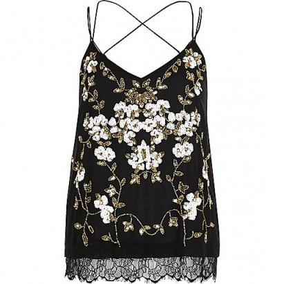 RIVER ISLAND black oriental embellished cami top. Strappy tops | floral camisoles - flipped