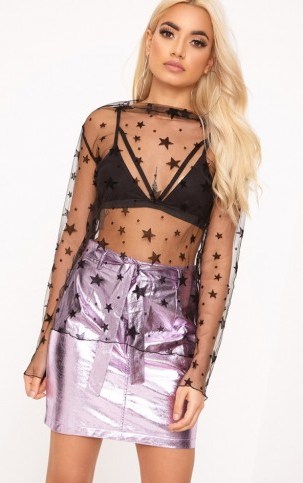 prettylittlething BLACK SHEER MESH STAR TOP ~ see-through tops - flipped
