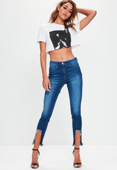 Missguided blue anarchy mid rise ripped hem jeans. Skinny uneven-hem blue jeans - flipped