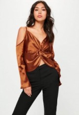missguided brown flare sleeve cold shoulder blouse ~ statement blouses ~ silky tops