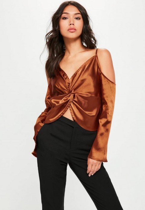 missguided brown flare sleeve cold shoulder blouse ~ statement blouses ~ silky tops - flipped