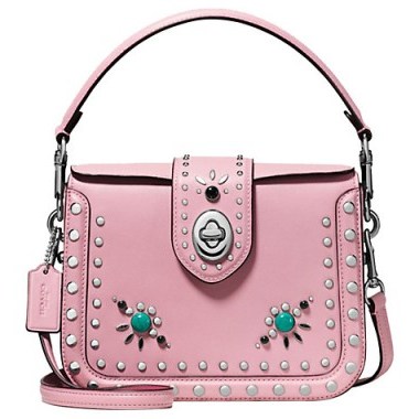 Coach Page Western Rivets Pink Leather Across Body Bag – luxe crossbody – embellished shoulder bags – studded handbags – statement accessories - flipped