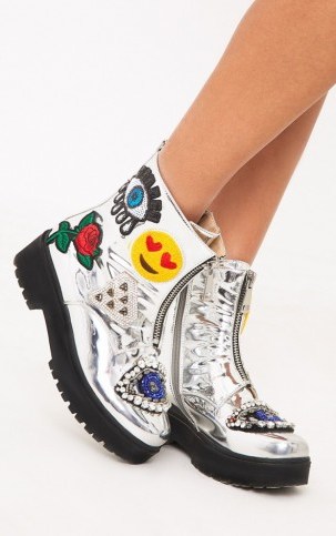 CARINIA SILVER METALLIC APPLIQUE ANKLE BOOTS ~ summer festival footwear ~ embellished chunky boots - flipped