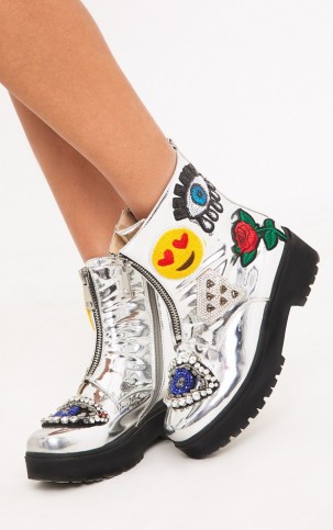 CARINIA SILVER METALLIC APPLIQUE ANKLE BOOTS ~ summer festival footwear ~ embellished chunky boots