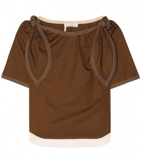 CHLOÉ Brown Embellished shoulder tie cotton top ~ designer clothing ~ luxury summer tops - flipped