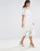 Coast Patience Lace Full Midi Dress – floral bardot party dresses – garden parties – summer event fashion – off the shoulder