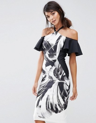 Coast Waldorf Halter Neck Shift Dress Mono – black and white halterneck party dresses – cold shoulder occasion fashion - flipped