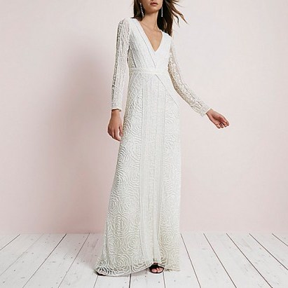 River Island Cream sequin long sleeve maxi dress ~ embellished wedding dresses ~ sequinned bridal gowns - flipped