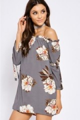 IN THE STYLE CYNTHIA GREY FLORAL FLARED SLEEVE BARDOT DRESS ~ summer dresses ~ off the shoulder