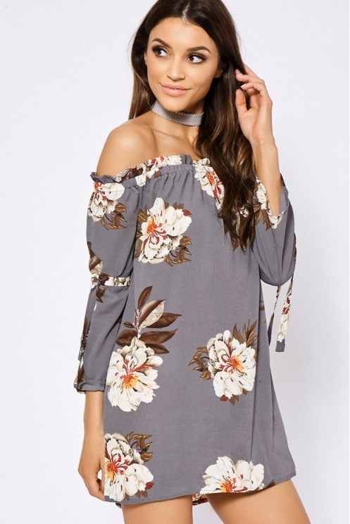 IN THE STYLE CYNTHIA GREY FLORAL FLARED SLEEVE BARDOT DRESS ~ summer dresses ~ off the shoulder - flipped
